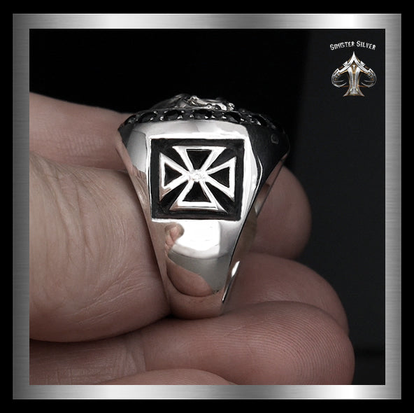Mens Masonic Biker Skull Ring Sterling Silver Cross Sides
