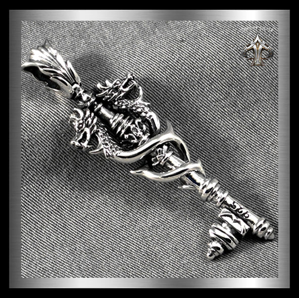 Sterling Silver Viking Biker Double Dragon Key Pendant 2 - Biker Jewelry Club Sinister Silver Co.