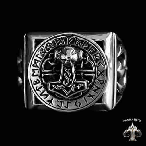 Sterling Silver Heavy Viking Rune Circle Thors Hammer Axe Ring 2 - Biker Jewelry Club Sinister Silver Co.