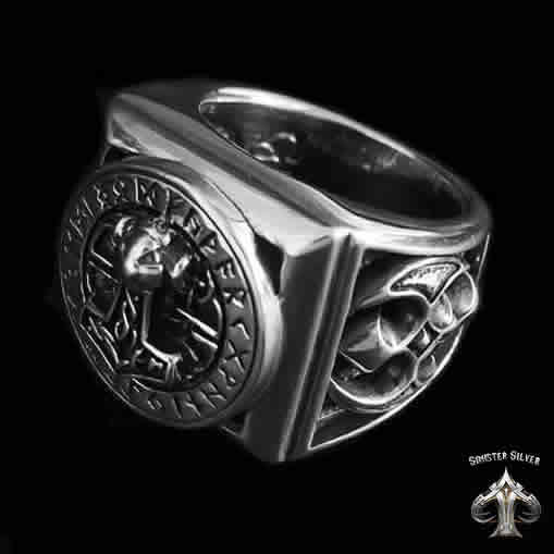 Sterling Silver Heavy Viking Rune Circle Thors Hammer Axe Ring 3 - Biker Jewelry Club Sinister Silver Co.