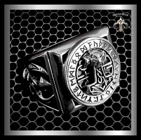 Sterling Silver Heavy Viking Rune Circle Thors Hammer Axe Ring 1 - Biker Jewelry Club Sinister Silver Co.