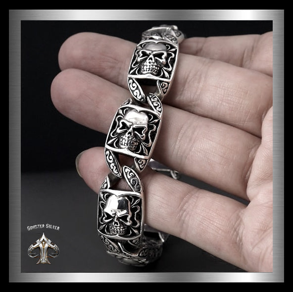 Sterling Silver Skull Tomb Biker Premium Bracelet 4 - Biker Jewelry Club Sinister Silver Co.