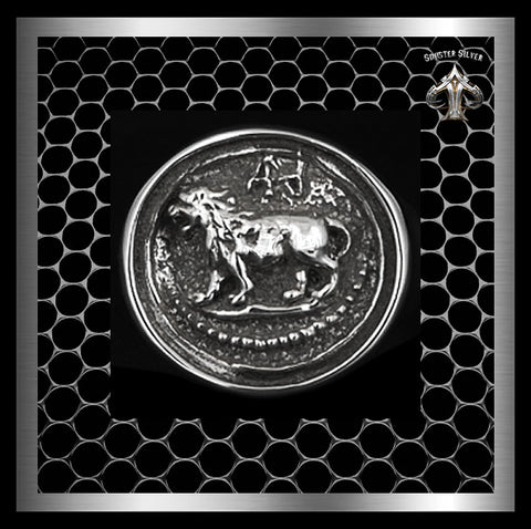 Mens Biker Ring Ancient Greek Lion Coin Sterling Silver 1 - Biker Jewelry Club Sinister Silver Co.
