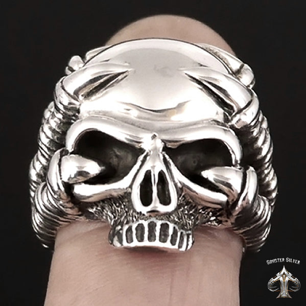 Biker Ring Eagle Claw Half Skull Sterling Silver Sizes 8 to 13 - Biker Jewelry Club Sinister Silver Co.