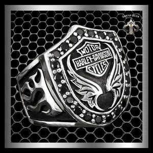 Sterling Silver Onyx Biker Motorcycle Crest Ring - Sinister Silver Co.