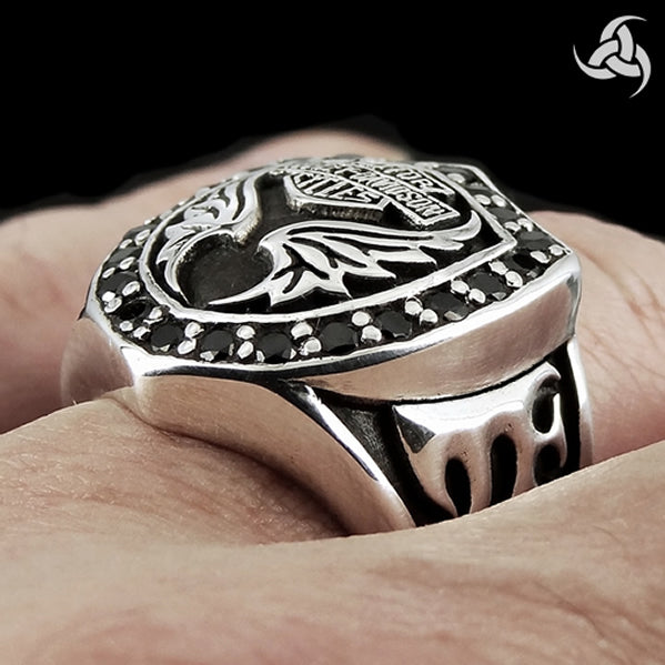 Sterling Silver Onyx Biker Motorcycle Crest Ring - Sinister Silver Co.