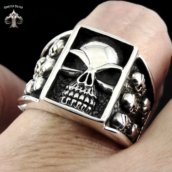 Sterling Silver Skull Gang Biker Ring 2 -  Biker Jewelry Club Sinister Silver Co.