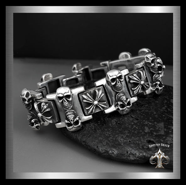 Sterling Silver Biker Bracelet Heavy Skull Maltese Cross Link 1 - Biker Jewelry Club Sinister Silver Co.