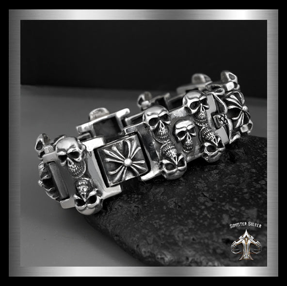 Sterling Silver Biker Bracelet Heavy Skull Maltese Cross Link 2 - Biker Jewelry Club Sinister Silver Co.