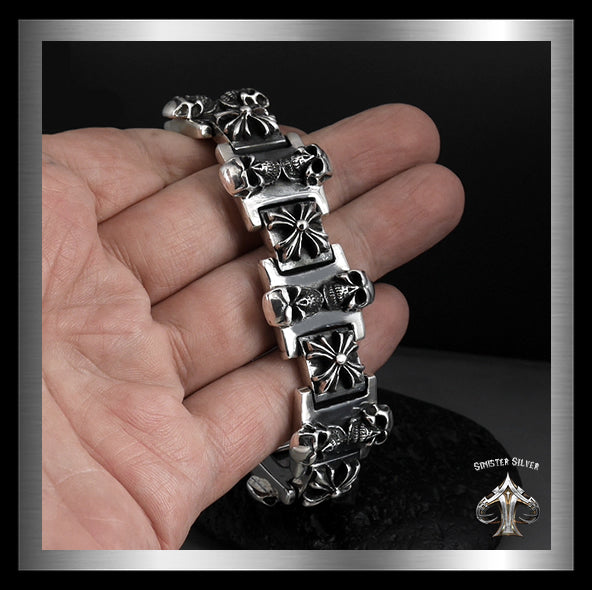 Sterling Silver Biker Bracelet Heavy Skull Maltese Cross Link 3 - Biker Jewelry Club Sinister Silver Co.
