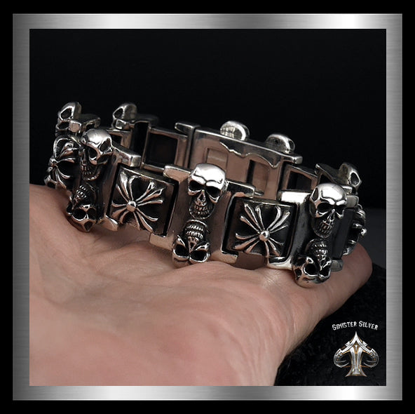 Sterling Silver Biker Bracelet Heavy Skull Maltese Cross Link
