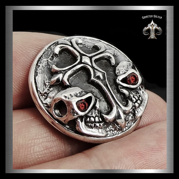 Sterling Silver Biker Twin Skull Cross Concho Snap Cover 2 - Biker Jewelry Club Sinister Silver Co.