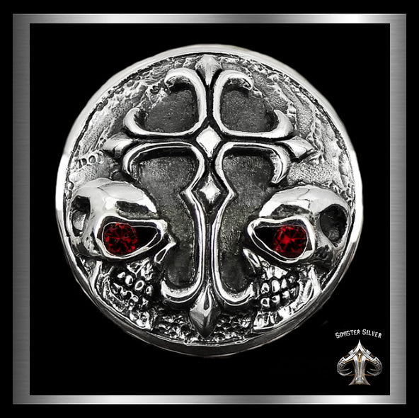 Sterling Silver Biker Twin Skull Cross Concho Snap Cover 1 - Biker Jewelry Club Sinister Silver Co.