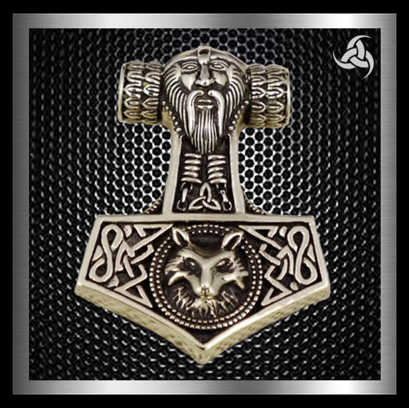 Thors Hammer Viking Wolf Fenrir Pendant Norse Bronze 2 - Biker Jewelry Club