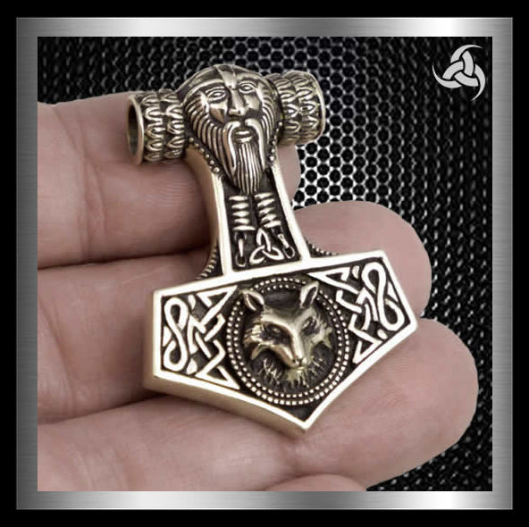 Thors Hammer Viking Wolf Fenrir Pendant Norse Bronze 1 - Biker Jewelry Club