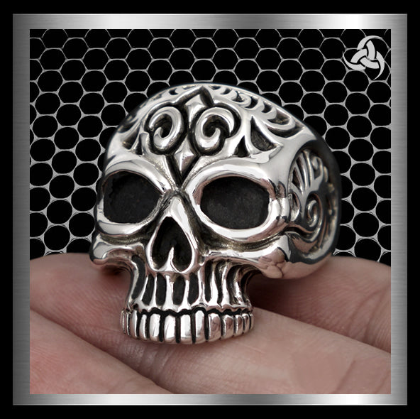 Mens Biker Ring Memento Mori Heavy Skull Sterling Silver 2 - Biker Jewelry Club Sinister Silver Co.