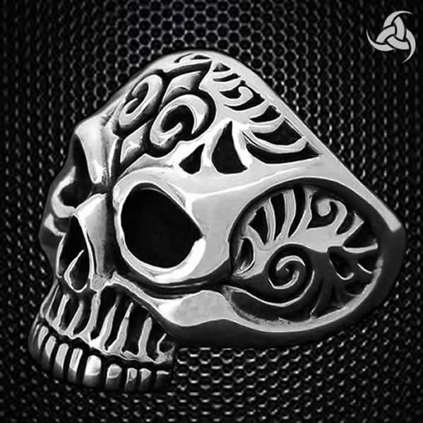 Mens Biker Ring Memento Mori Heavy Skull Sterling Silver 4 - Biker Jewelry Club Sinister Silver Co.