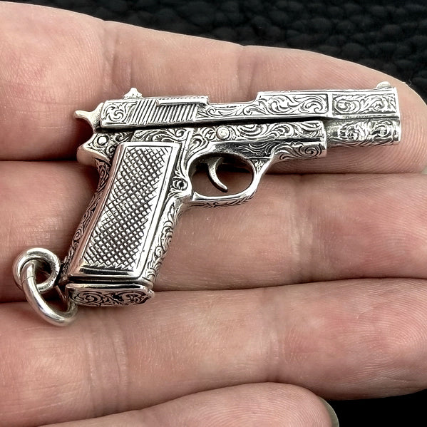 Biker Gun Pendant Engraved Colt 1911 Automatic Solid Sterling Silver 1 - Biker Jewelry Club Sinister Silver Co.