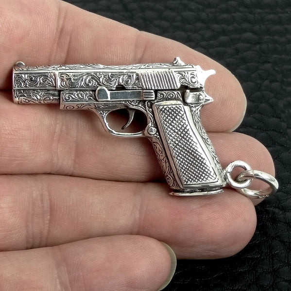 Biker Gun Pendant Engraved Colt 1911 Automatic Solid Sterling Silver 2 - Biker Jewelry Club Sinister Silver Co.