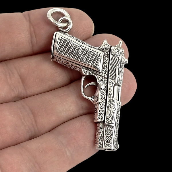 Biker Gun Pendant Engraved Colt 1911 Automatic Solid Sterling Silver 3 - Biker Jewelry Club Sinister Silver Co.