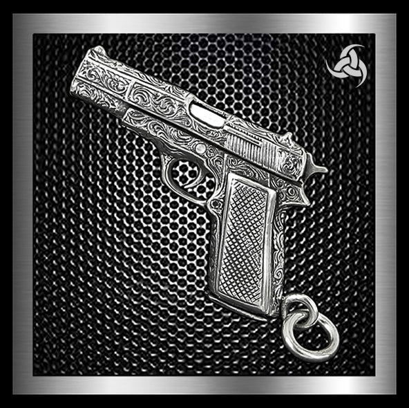 Biker Gun Pendant Engraved Colt 1911 Automatic Solid Sterling Silver - Biker Jewelry Club Sinister Silver Co.