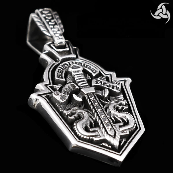 Biker Pendant Dragon Sword Dog Tag Style Sterling Silver - Biker Jewelry Club Sinister Silver Co.