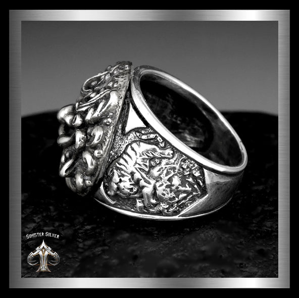 Sterling Silver Japanese Foo Lion Dragon Tiger Biker Ring 4 - By Biker Jewelry Club Sinister Silver Co.