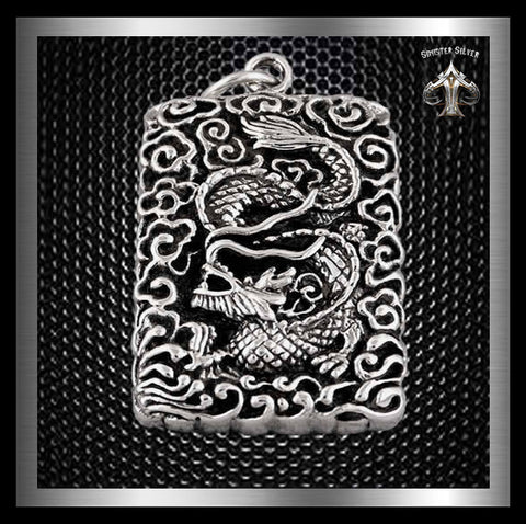 Japanese Mythology Dragon Guardian Dog Tag Pendant Sterling Silver 1 - Biker Jewelry Club Sinister Silver Co.