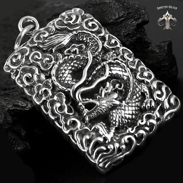 Japanese Mythology Dragon Guardian Dog Tag Pendant Sterling Silver 2 - Biker Jewelry Club Sinister Silver Co.