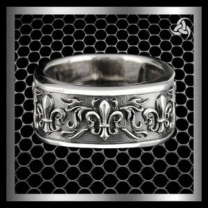 Biker Ring Fleur De Lis Wedding Bands Sterling Silver 1 - Biker Jewelry Club Sinister Silver Co.