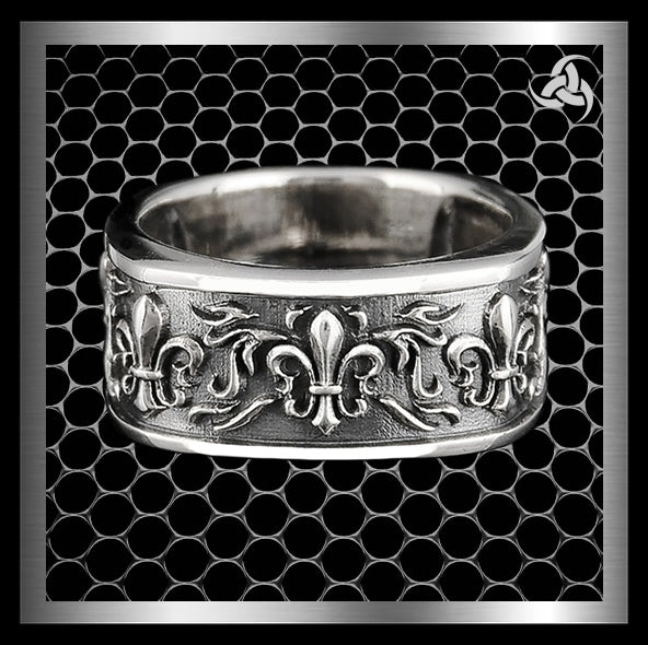 Biker Ring Fleur De Lis Wedding Bands Sterling Silver