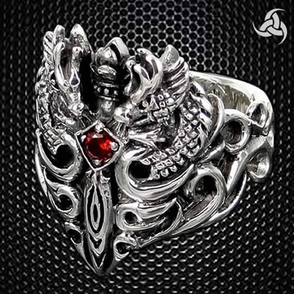Mens Viking Ring Medieval Dragon Sword Sterling Silver 4 - Biker Jewelry Club Sinister Silver Co.