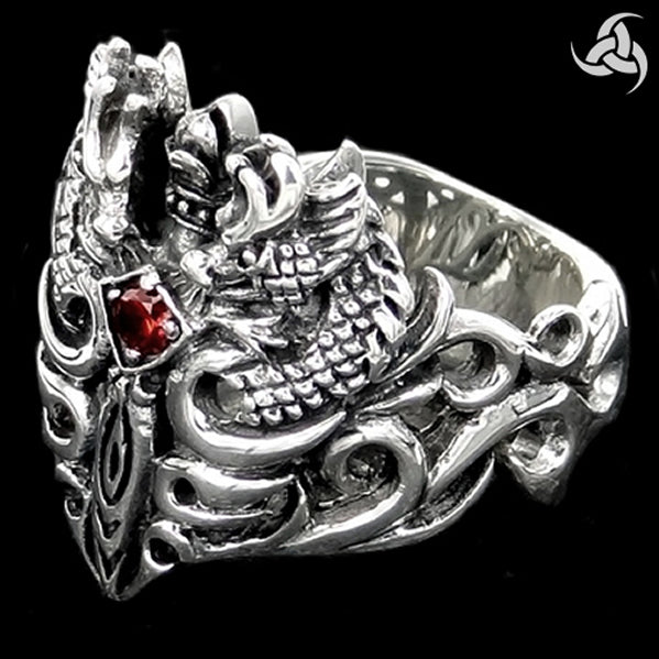 Mens Viking Ring Medieval Dragon Sword Sterling Silver Size 9.5 - Sinister Silver Co.