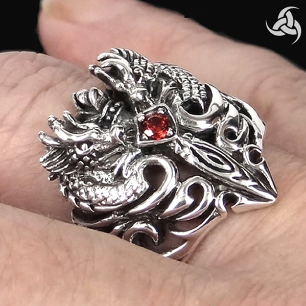 Mens Viking Ring Medieval Dragon Sword Sterling Silver 2 - Biker Jewelry Club Sinister Silver Co.