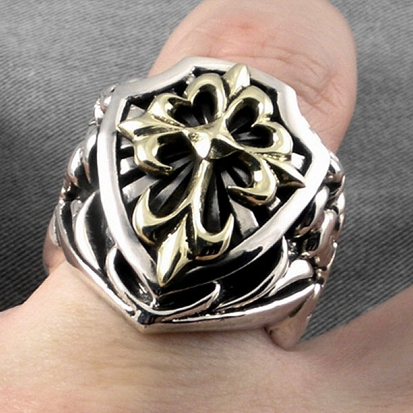 Mens Biker Ring Sword And Cross Shield Sterling Silver 8 - Biker Jewelry Club Sinister Silver Co.