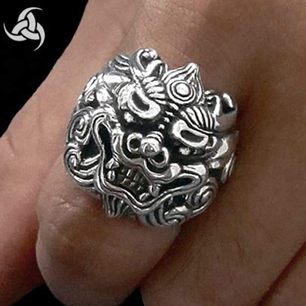 Sterling Silver Japanese Foo Lion Shisha Dog Biker Ring 2 - Biker Jewelry Club Sinister Silver Co.