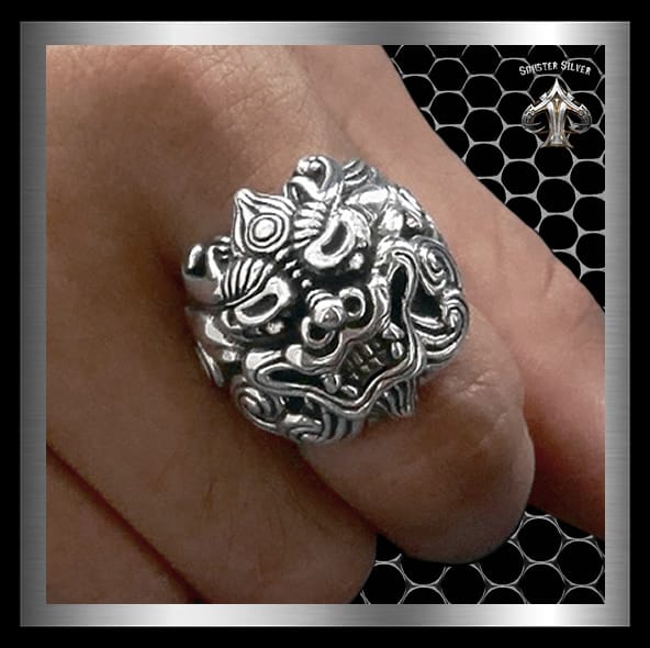 Sterling Silver Japanese Foo Lion Shisha Dog Biker Ring 1 - Biker Jewelry Club Sinister Silver Co.