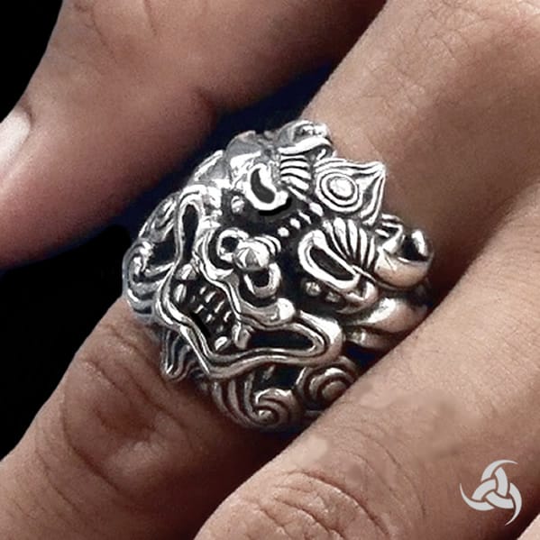 Sterling Silver Japanese Foo Lion Shisha Dog Biker Ring 5 - Biker Jewelry Club Sinister Silver Co.