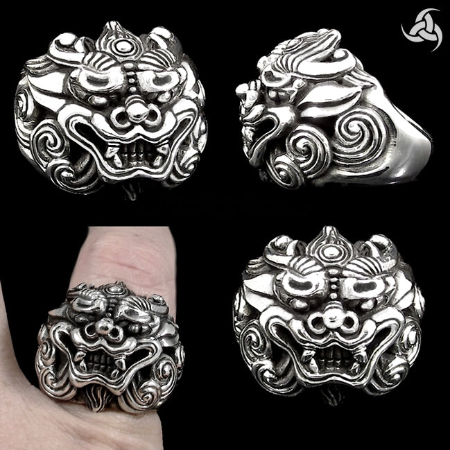 Sterling Silver Japanese Foo Lion Shisha Dog Biker Ring – Biker