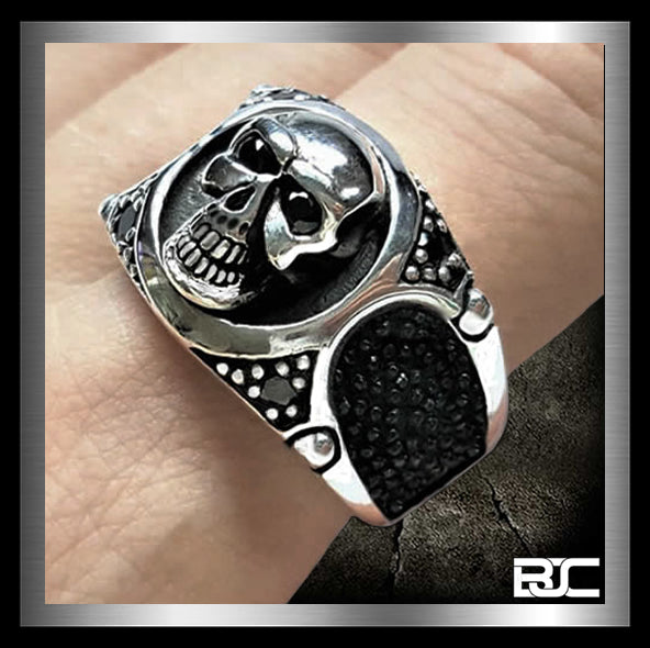 Mens Biker Ring Skull Stingray Inlay Sterling Silver 0 - Biker Jewelry Club Sinister Silver Co.