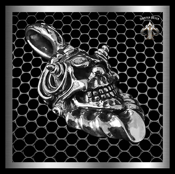 Mens Biker Skull Pendant Sterling Silver Clown Jester Medallion 1 - Biker Jewelry Club  Sinister Silver Co.