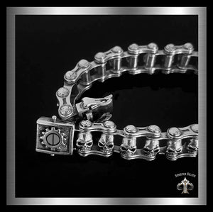 Sterling Silver Motorcycle Chain Skull Biker Bracelet 1 - Biker Jewelry Club Sinister Silver Co.