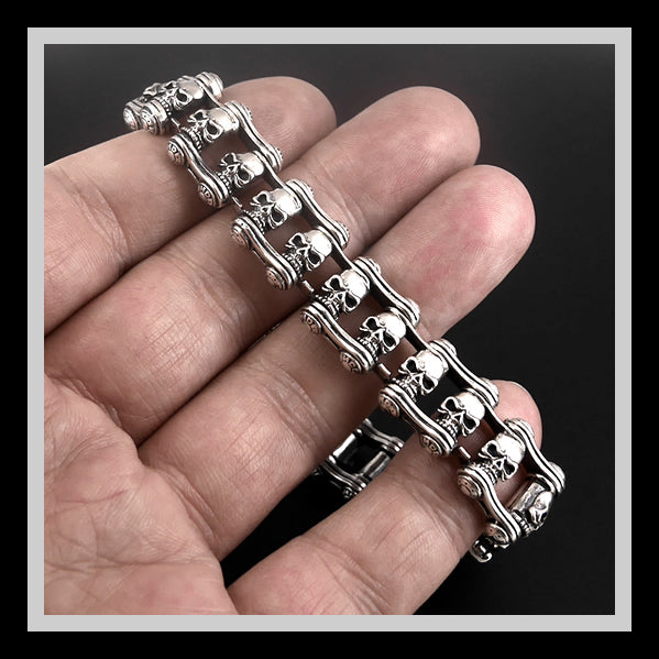 Sterling Silver Motorcycle Chain Skull Biker Bracelet 4 - Biker Jewelry Club Sinister Silver Co.