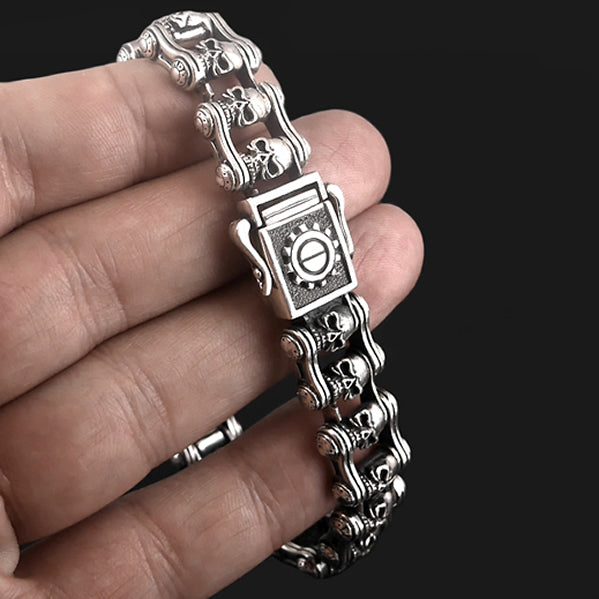 Sterling Silver Motorcycle Chain Skull Biker Bracelet 5 - Biker Jewelry Club Sinister Silver Co.