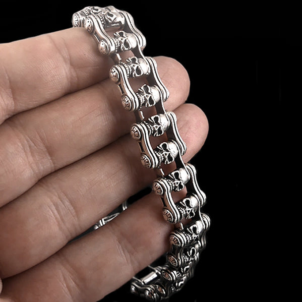 Sterling Silver Motorcycle Chain Skull Biker Bracelet 6 - Biker Jewelry Club Sinister Silver Co.