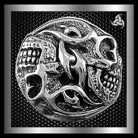 Biker Tribal Double Skull Concho Sterling Silver Screw Back 1 - Biker Jewelry Club Sinister Silver Co.
