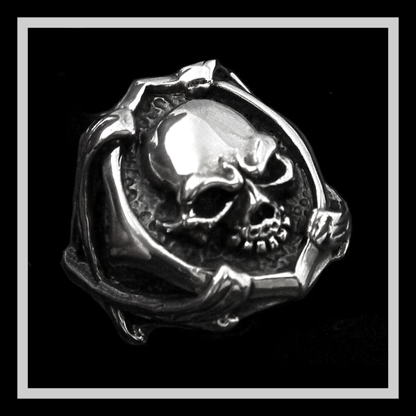 Sterling Silver Biker Skull And Bones Ring 5 - Biker Jewelry Club Sinister Silver Co.