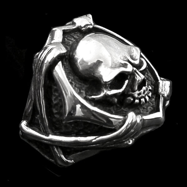 Sterling Silver Biker Skull And Bones Ring 3 - Biker Jewelry Club Sinister Silver Co.
