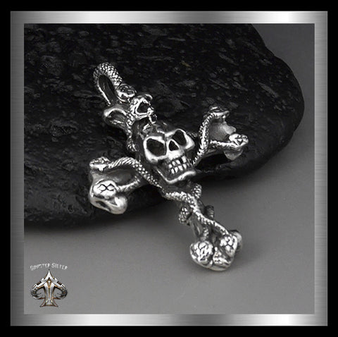 Mens Snakes And Skull Cross Pendant Sterling Silver 1 - Biker Jewelry Club Sinister Silver Co.