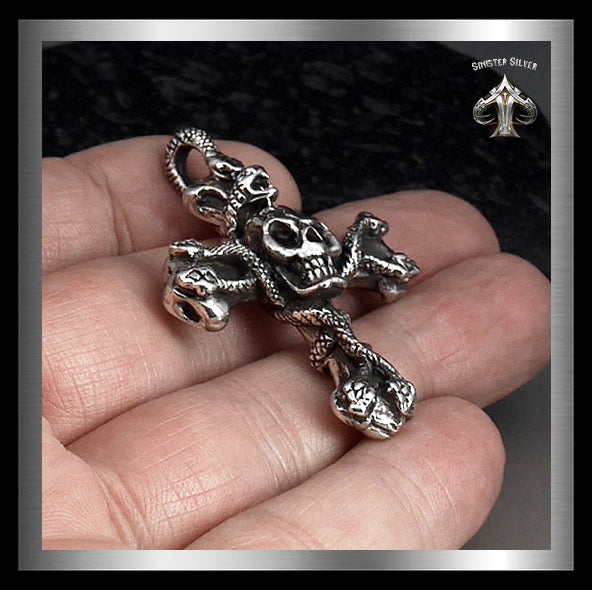 Mens Snakes And Skull Cross Pendant Sterling Silver 2 - Biker Jewelry Club Sinister Silver Co.